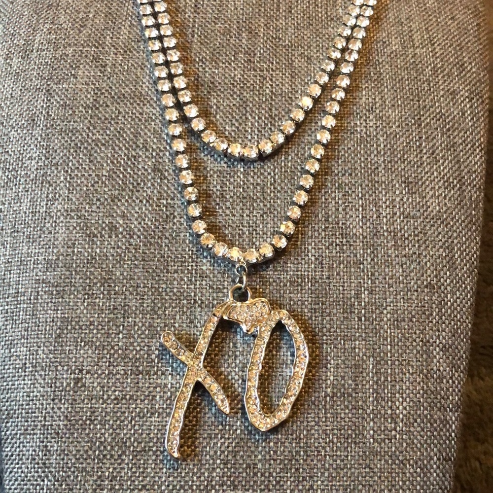 XO heart rhinestone necklace in 16-18 inch length with 3 inch extender